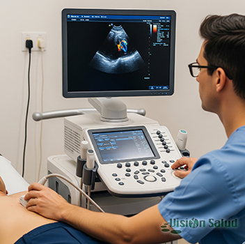 Médico realizando ecocardiograma transtorácico